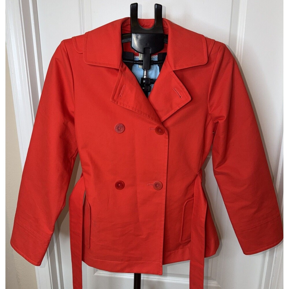 L.L. Bean Women Orange Double Breasted Trench Coat Jacket Medium Belted Pea Coat